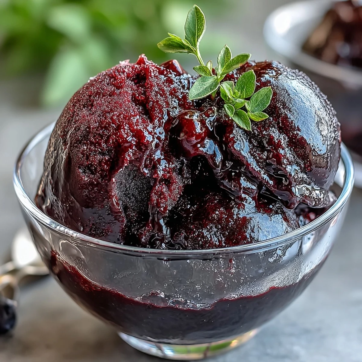 3. Kühles, samtiges schwarzes Johannisbeer-Gin-Sorbet mit leuchtender Farbe, ideal als leichtes Dessert oder raffinierter Gaumenfrische.