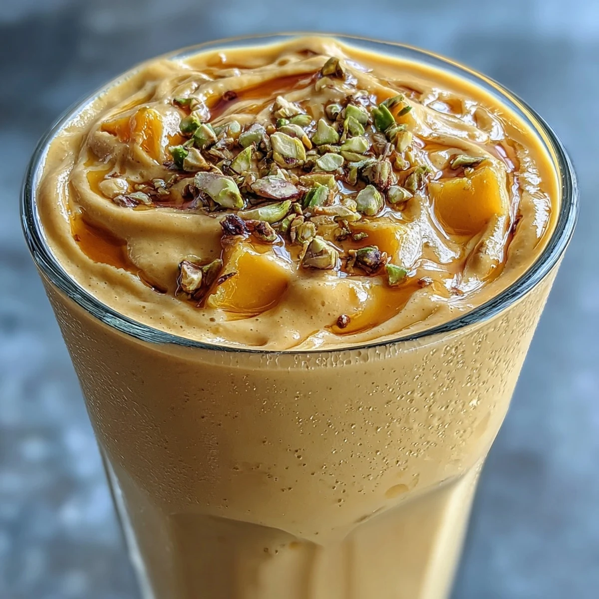 1. Glas mit cremigem Mango-Lassi, garniert mit gemahlenem Kardamom und gehackten Pistazien.  