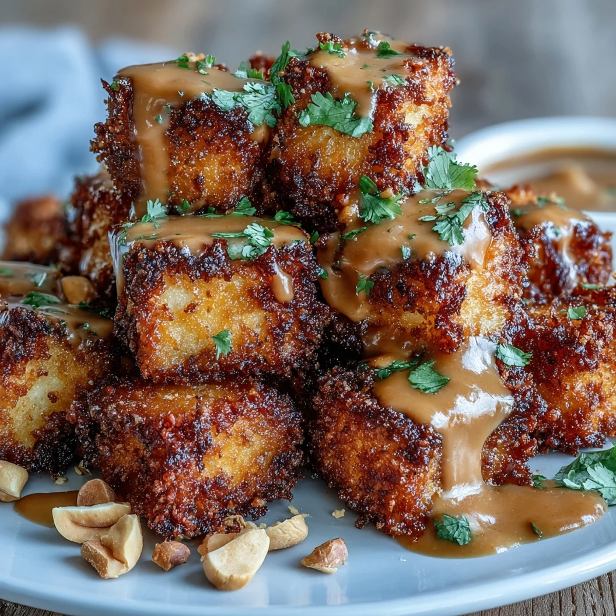 Knuspriger Tofu aus der Heißluftfritteuse mit cremiger Erdnusssoße, goldbraun und voller Geschmack.