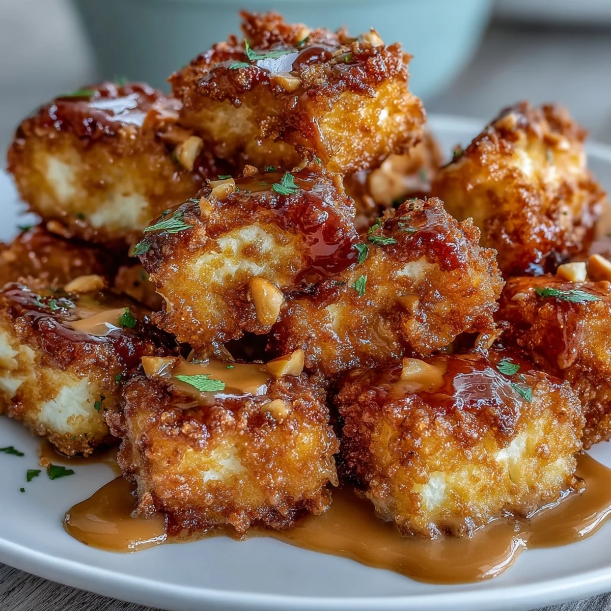 Perfekt zubereiteter Tofu aus der Heißluftfritteuse, serviert mit würziger Erdnusssoße.
