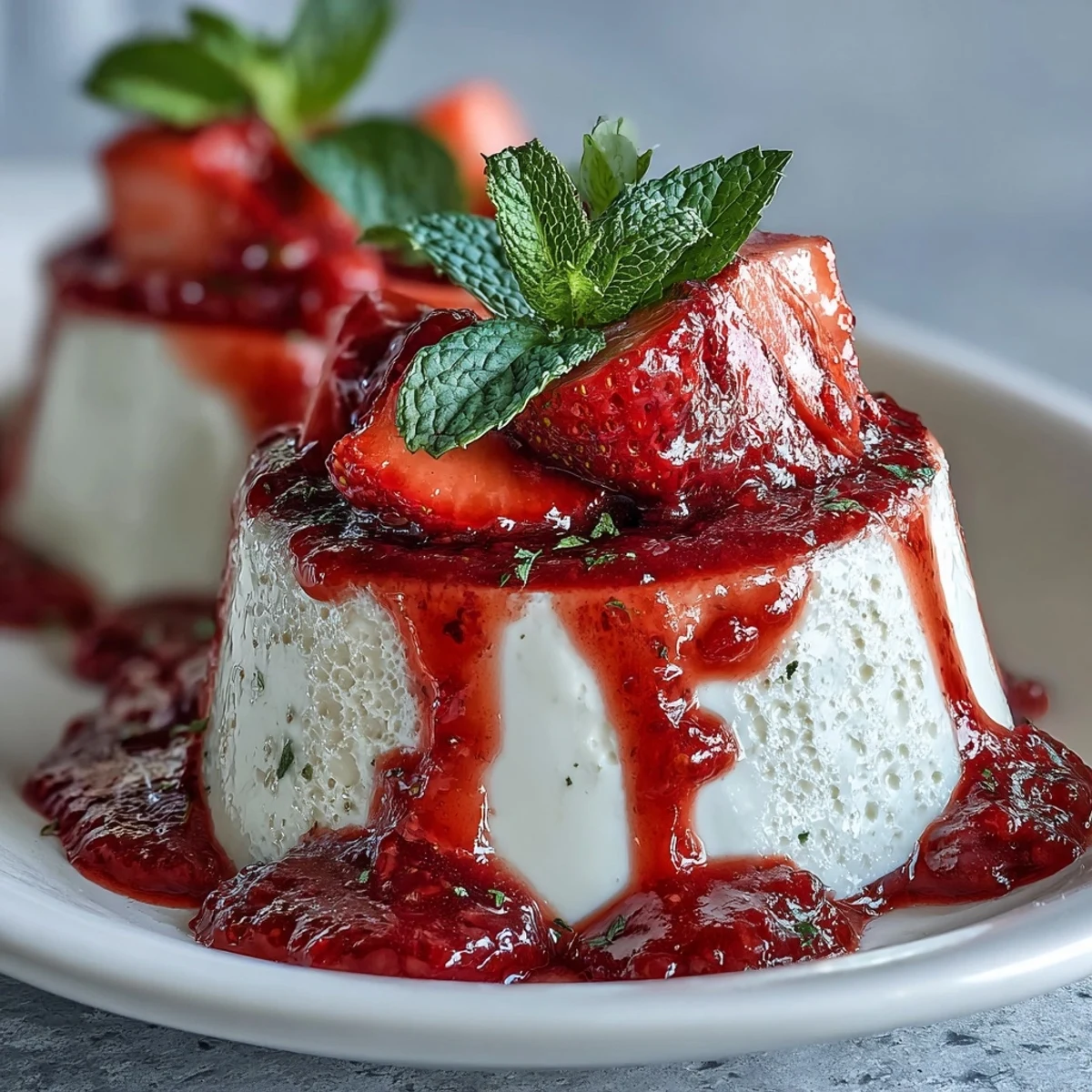 Glasierte Panna Cotta mit frischen Erdbeeren und Minze – ein verführerisches italienisches Dessert für Zwei.