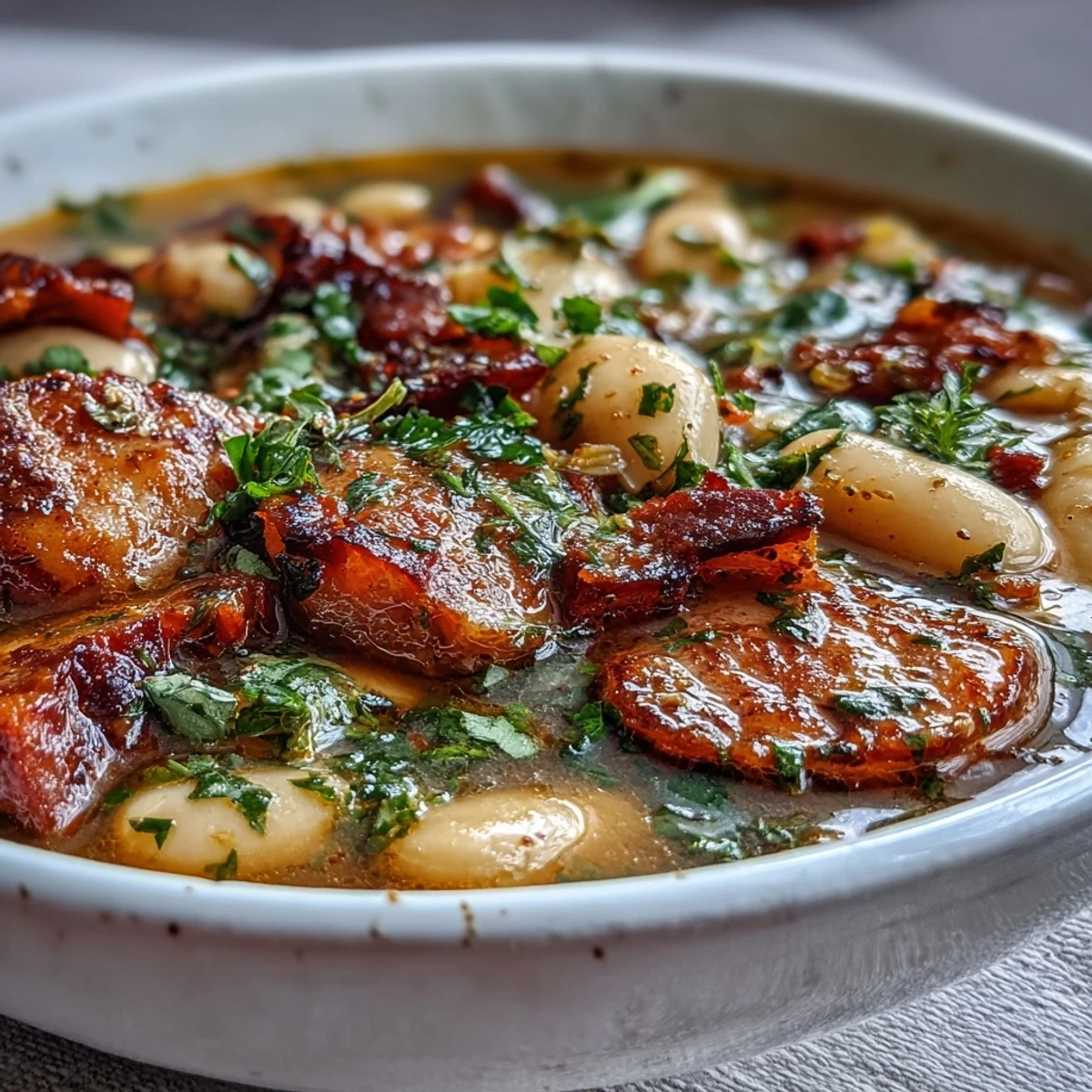 1. Schüssel mit herzhaftem Schinken- und Cannellini-Bohneneintopf, garniert mit frischer Petersilie und Parmesan, serviert mit knusprigem Brot.  