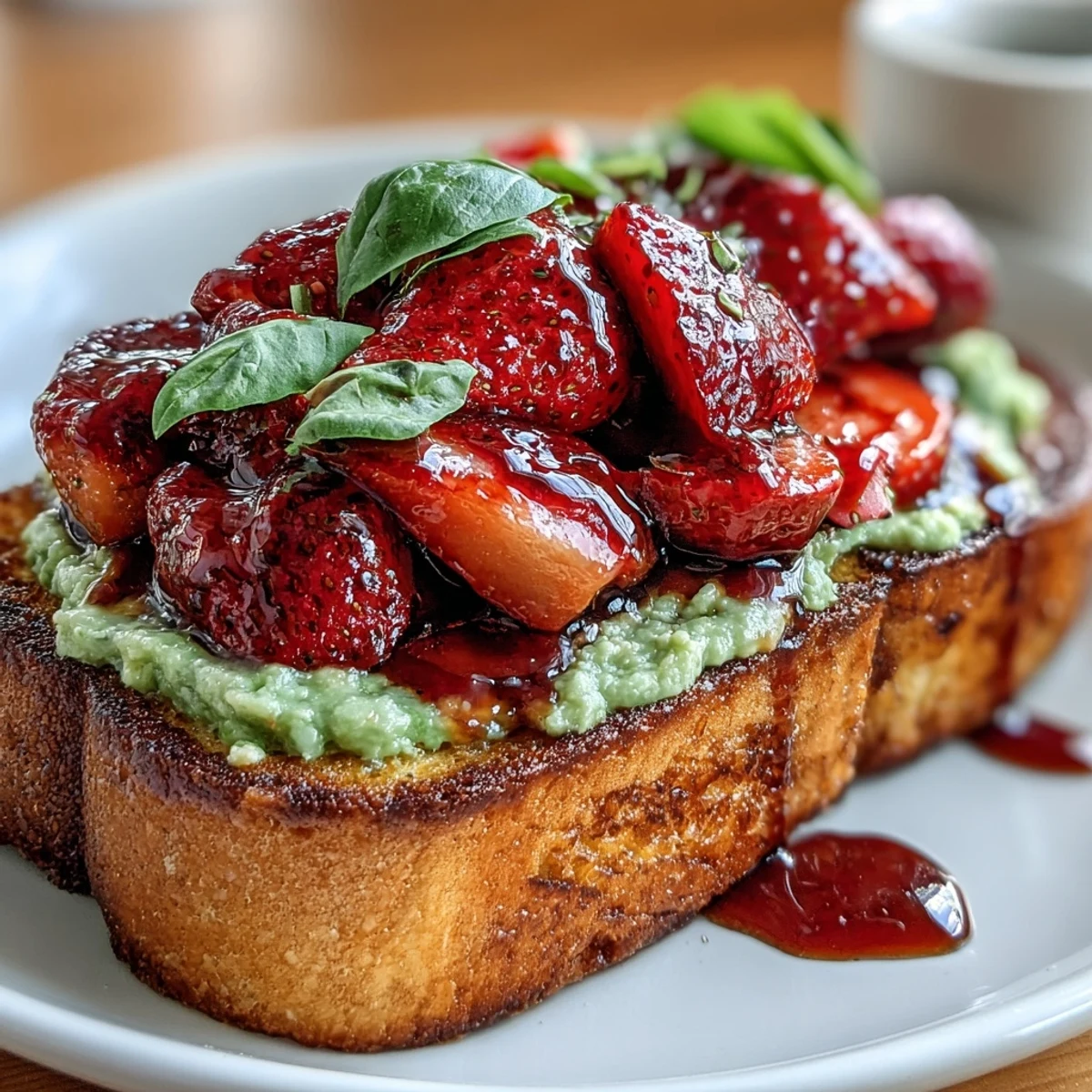 Ein lebendiges Avocado-Toast mit frischen Erdbeeren und einem fruchtig-süßen Balsamico-Glasur-Drizzle, perfekt für ein festliches Brunch mit Freunden.