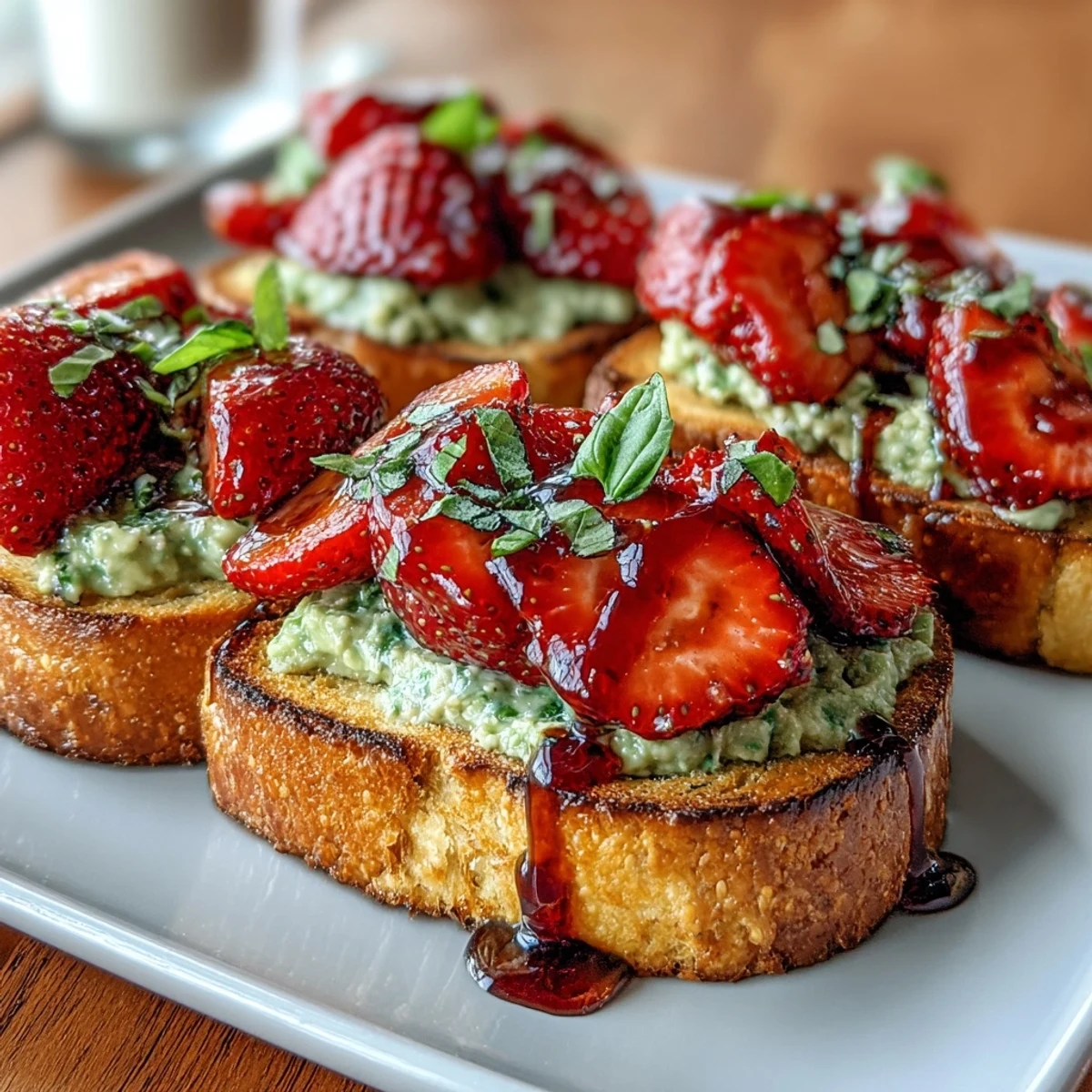 Farbenfrohes Galentine's Brunch Avocado Toast mit saftigen Erdbeeren, cremiger Avocado und einem Hauch von süßem Balsamico.