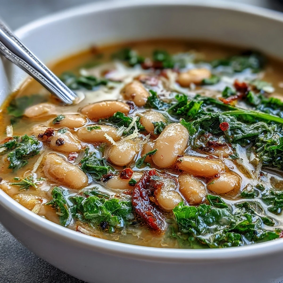 Eine dampfende Schüssel Tuscan White Bean Soup mit Kale und frischer Zitronenschale, garniert mit Parmesan und Olivenöl.  