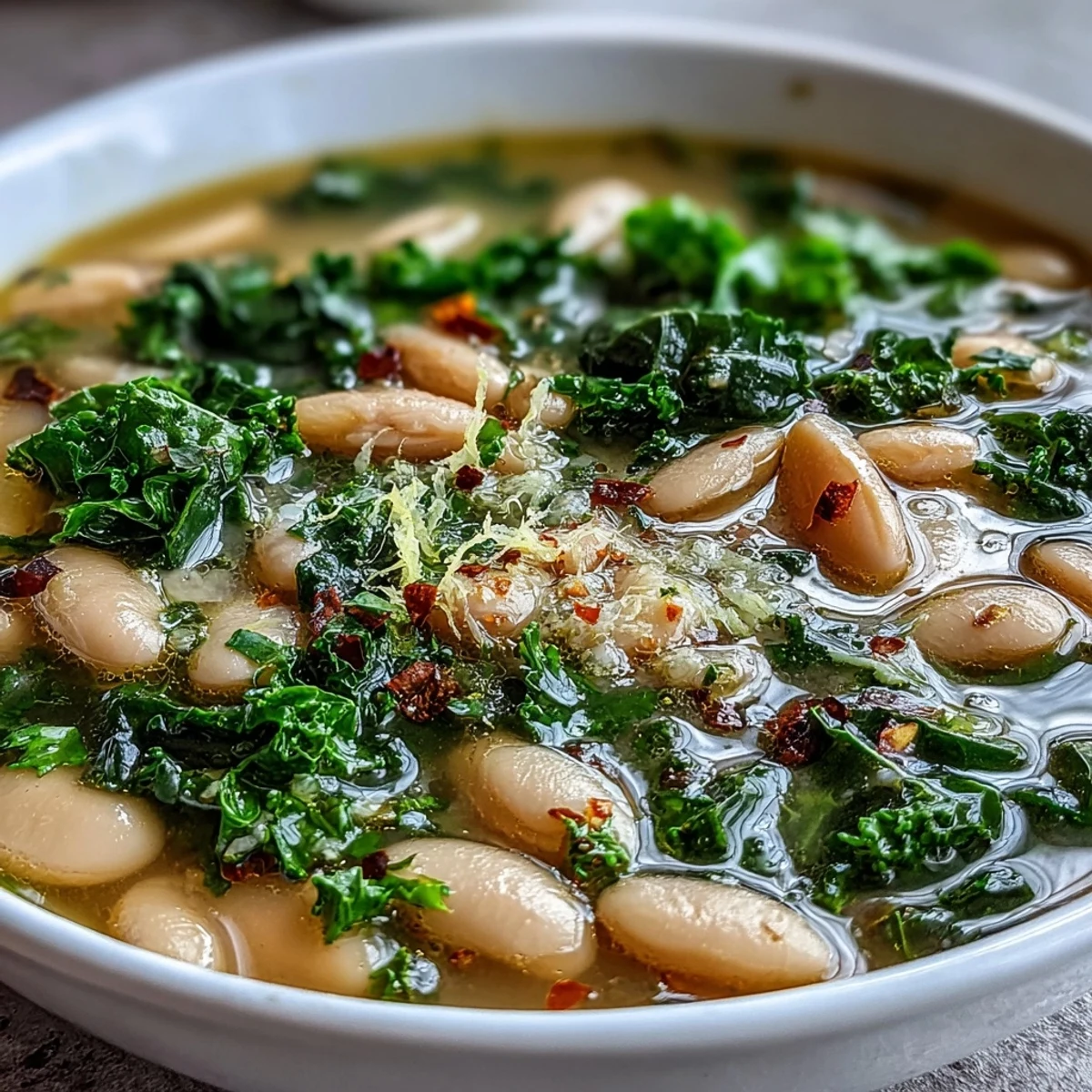 Rustic Tuscan White Bean Soup mit cremigen Bohnen, Grünkohl und einer Prise Zitronenabrieb, serviert in einer traditionellen Suppenschüssel.