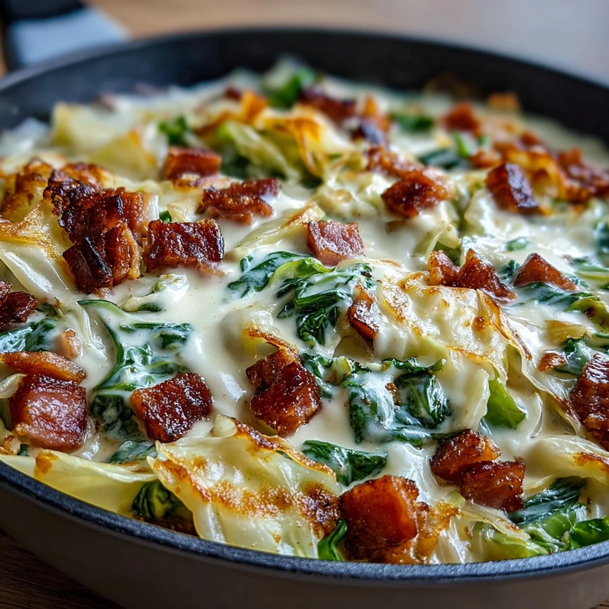 Schnelles und einfaches Kohlschinken-Pfannengericht mit Cheddar und Sahne, ideal für eine glutenfreie Mahlzeit.