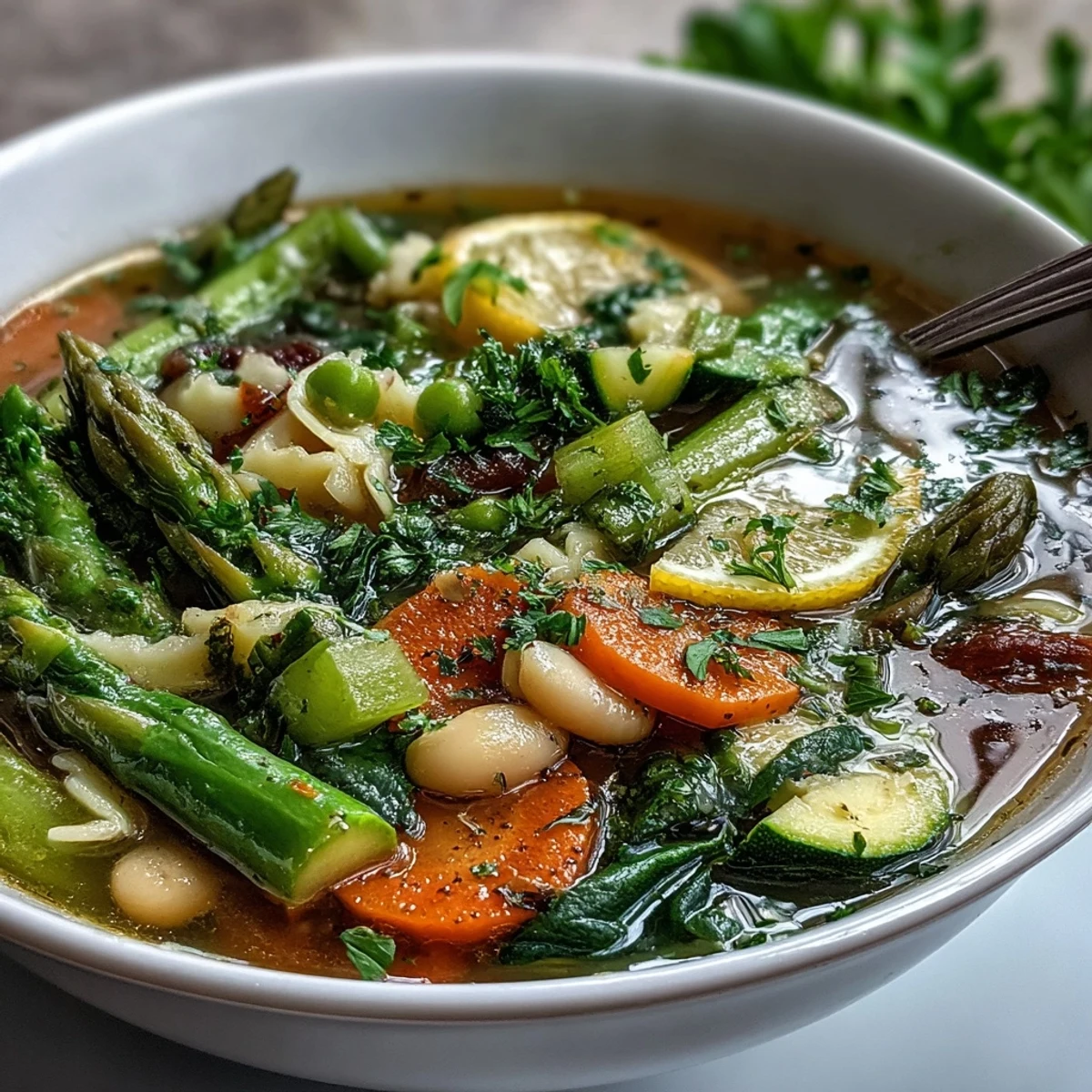 Dampfende Schüssel mit italienischem Frühlings-Minestrone, zartem Spargel und cremigen weißen Bohnen.