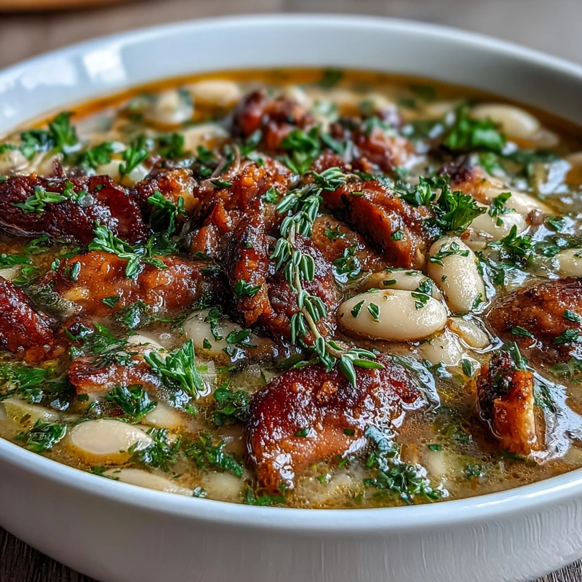 Dampfender Ham and Cannellini Bean Soup mit bunten Gemüsewürfeln, serviert mit knusprigem Brot.