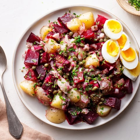 Zarter deutscher Kartoffel- und Rote-Bete-Salat mit frischen Kräutern serviert.  