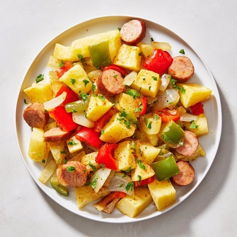 One-Pot Kielbasa and Potato Bake, a comforting family meal with golden potatoes and savory kielbasa.