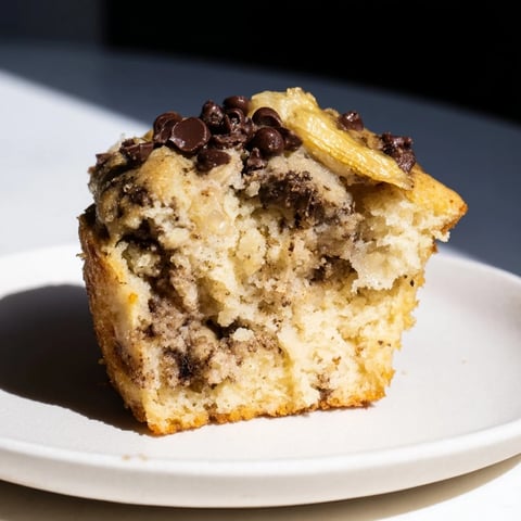 Moist banana chocolate muffins, studded with chocolate chips, ready for a delicious breakfast.