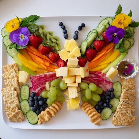 Butterfly Summer Board brimming with colorful fruits, cheeses, and edible flowers, ready to serve.