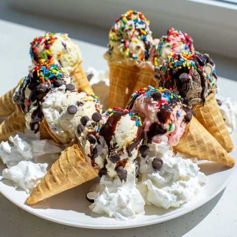 Colorful Ice Cream Cone Grazing Board offering a delicious party dessert, overflowing with treats.