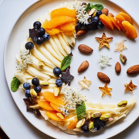 A captivating Crescent Moon Midnight Snack Board, offering creamy cheeses and sweet treats for a late night feast.