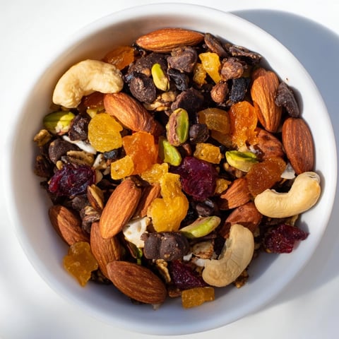 A bowl of Mountain High Adventure Snack Mix, filled with nuts, fruits, and chocolate, ready to eat.
