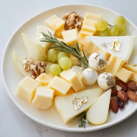 A gorgeous Gold and Silver Cheese Cube Board with festive cheeses and fresh fruit arranged beautifully.