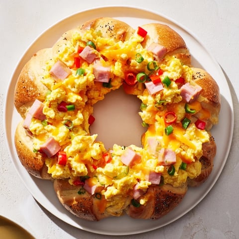 Fluffy, golden brown Wreath-Shaped Egg and Ham Bake, perfect for a savory brunch with family and friends.