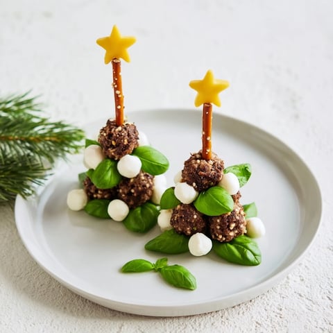 Mini Meatball Christmas Trees, festive bite-sized appetizers, arranged for a holiday party, showcasing savory flavors.
