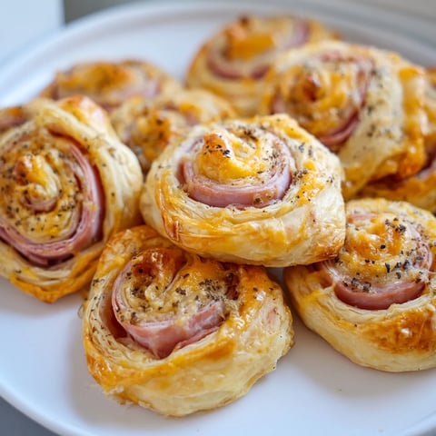 Golden and crispy savory ham and cheese pinwheel rolls, perfect party finger food.