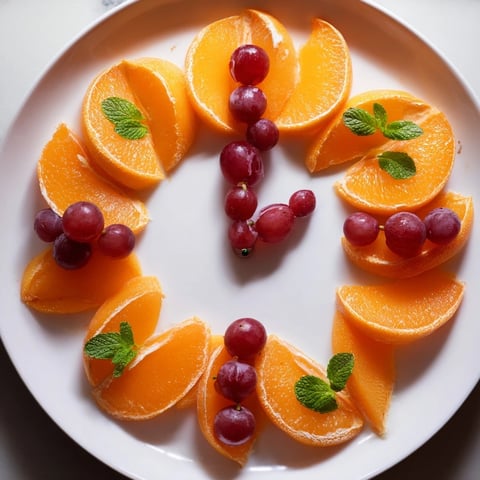 A playful Grape and Orange Slice Clock Face arranged on a platter, showcasing the fresh fruit.