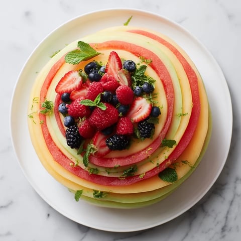 A colorful fruit platter, showcasing concentric circles of melon and vibrant berries, perfect for summer.