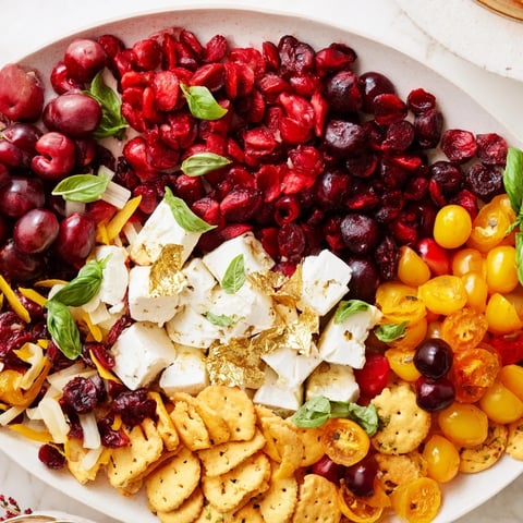 Crimson & Gold Gala, a beautiful appetizer platter with deep reds and striking golden accents.