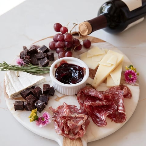 Magnificent Ruby Red Wine Stain Board with vibrant cheeses, salami, and grapes ready to serve.