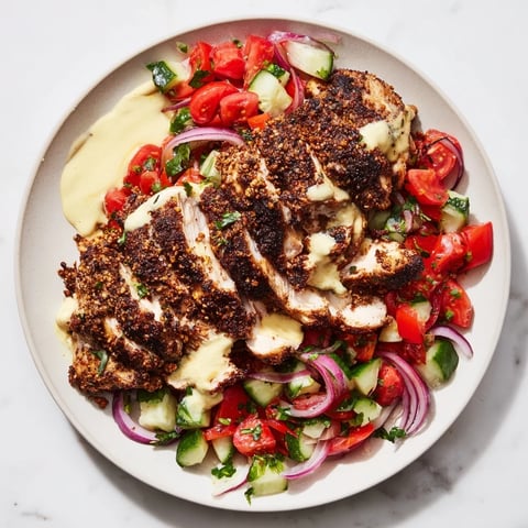 Chicken Shawarma Salad with Tahini: Sizzling grilled chicken atop fresh salad, dressed with creamy tahini dressing, ready to eat.