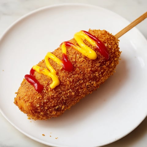 Golden-brown Korean-inspired corn dogs, crispy from frying, ready to be dipped in ketchup or mustard.