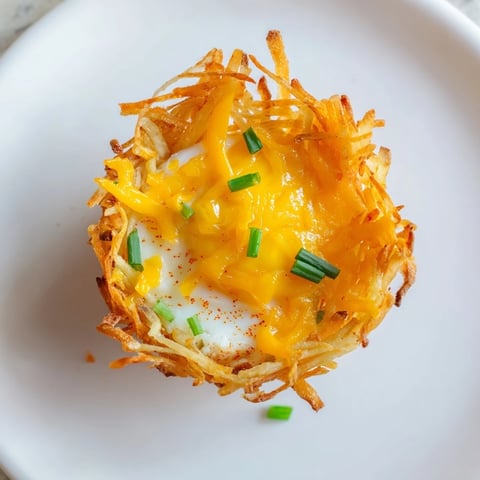 Crispy Hashbrown Egg Nests, golden breakfast potato cups with eggs and melted cheddar cheese.