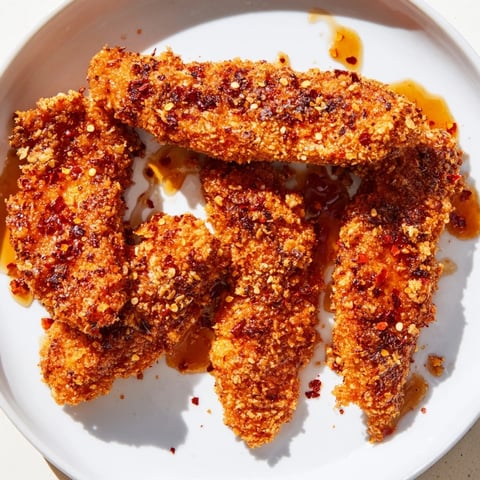 Here are three unique ALT image texts for "Crispy Panko Chicken Tenders with Hot Honey":