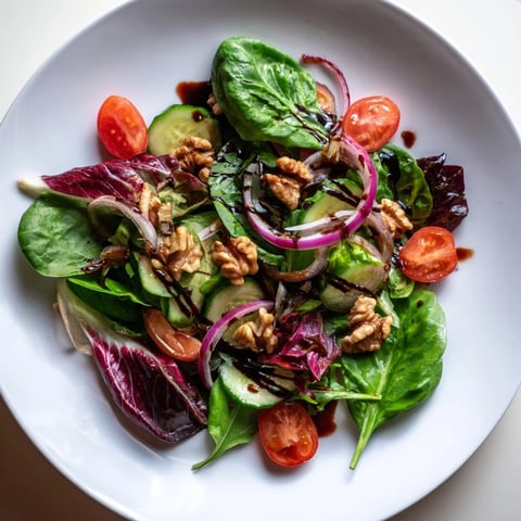 Quick Balsamic Vinegar Salad, a fresh, vibrant mix with glossy tomatoes and a tangy reduction.