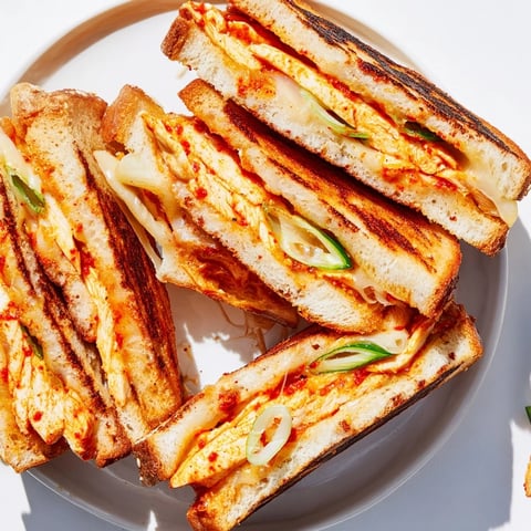 Gochujang Mayo Chicken Sandwich grilled cheese, oozing cheese and spicy chicken, ready to enjoy.