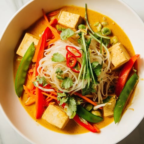 Aromatic Malaysian Laksa Curry, featuring creamy coconut broth, tofu, and fresh vegetables for a flavorful main dish.