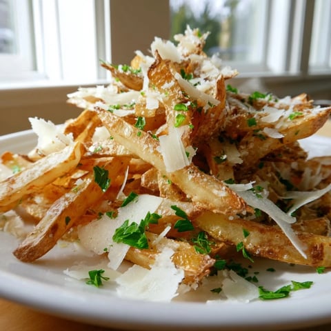 Goldene, knusprige Truffle Parmesan Fries frisch aus dem Ofen mit würzigem Parmesan.