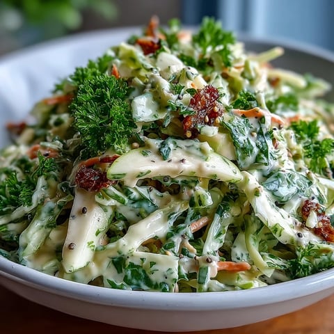 Crisp shredded Green Cabbage and Apple Slaw tossed in a tangy dressing, served in a white bowl garnished with fresh herbs.