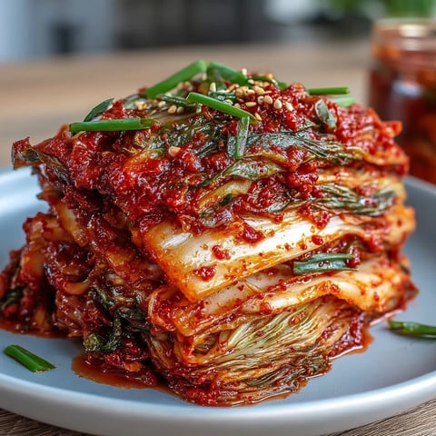 Frisch zubereitetes Kimchi aus fermentiertem Chinakohl mit scharfen Gochugaru-Chiliflocken auf einem Holztisch