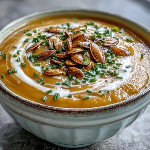 Goldene Acorn Squash Suppe mit Kürbiskernen garniert.