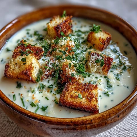Silky Garlic and Herb Soup in a rustic bowl garnished with fresh parsley and croutons.
