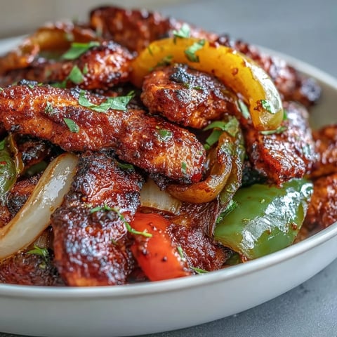 Easy Chicken Fajitas mit saftigem Hähnchen, Paprika und Zwiebeln auf warmen Tortillas serviert.