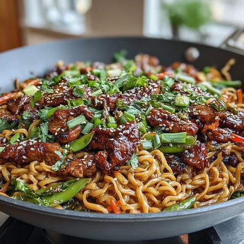 Ein Teller Pork Noodle Stir-Fry mit gebratenem Schweinefleisch, buntem Gemüse und Nudeln in einer glänzenden Sauce.