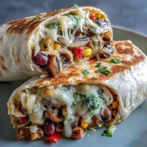 Frisch zubereitete Veggie Burritos mit sautierten Pilzen, schwarzen Bohnen und Käse, warm in Weizentortillas gewickelt.