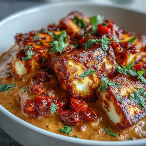 Golden, crispy halloumi cubes nestled in a creamy tomato curry with fresh cilantro garnish.