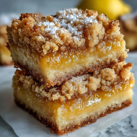 Ein Schälchen Homemade Lemon Crumb Bars mit goldenen Streuseln und zitronengelbem Belag sticht ins Auge.