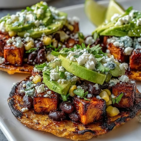 Geroastete Süßkartoffel-Black-Bean-Tostadas mit cremiger Avocado und Feta auf knackigen Maisschalen, mit Limetten-Cilantro-Salsa bestreut.