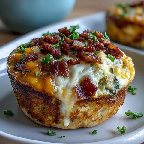 12 golden breakfast egg muffins filled with melted cheddar, bacon, and colorful bell peppers, served warm on a plate.