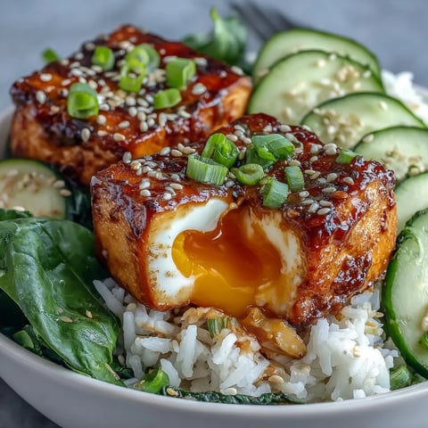 Tofu Jammy Egg Breakfast Bowl mit perfekt gekochten Eiern und frischem Gemüse.