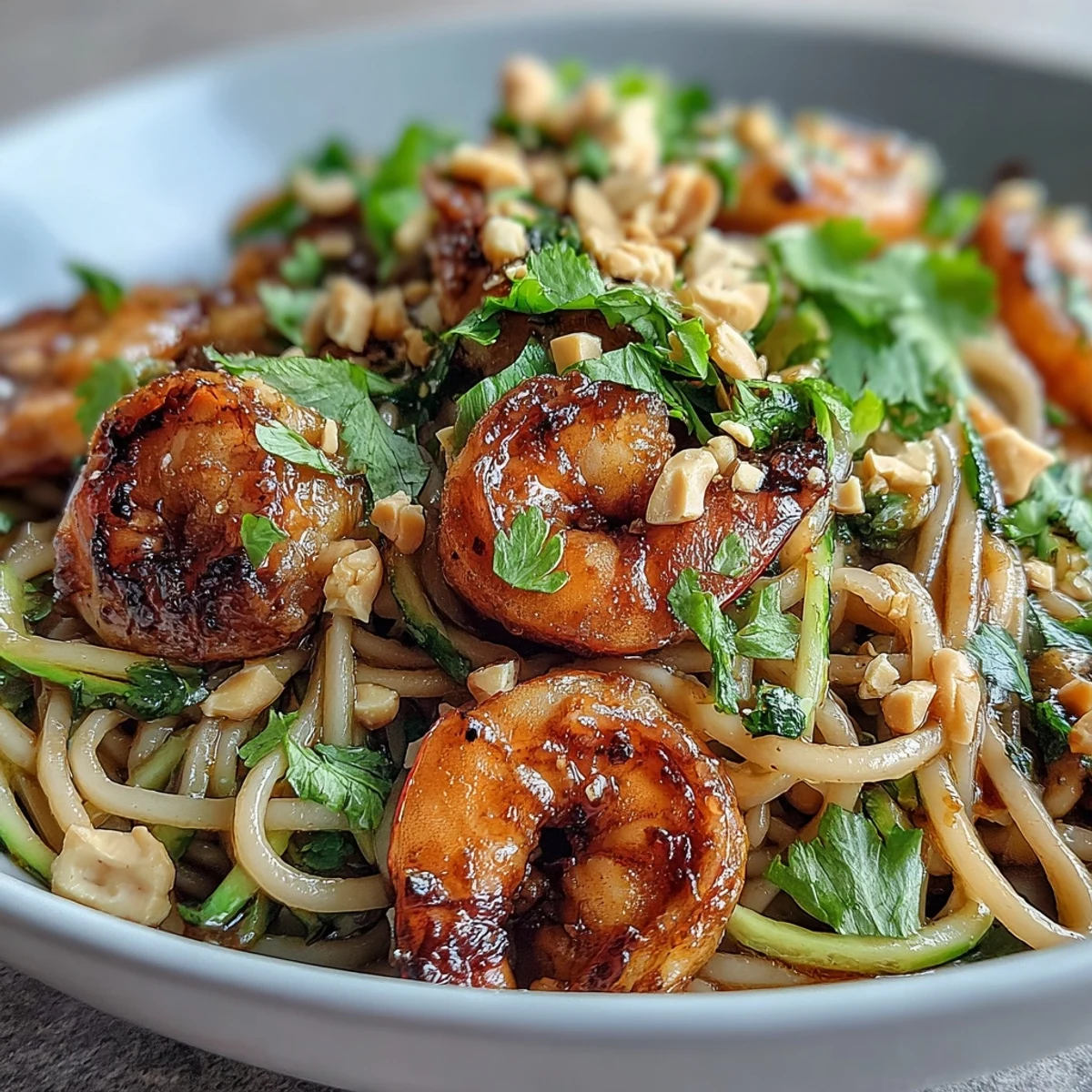 Buntes asiatisches Nudelgericht mit zarten Garnelen und knackigem Gemüse.