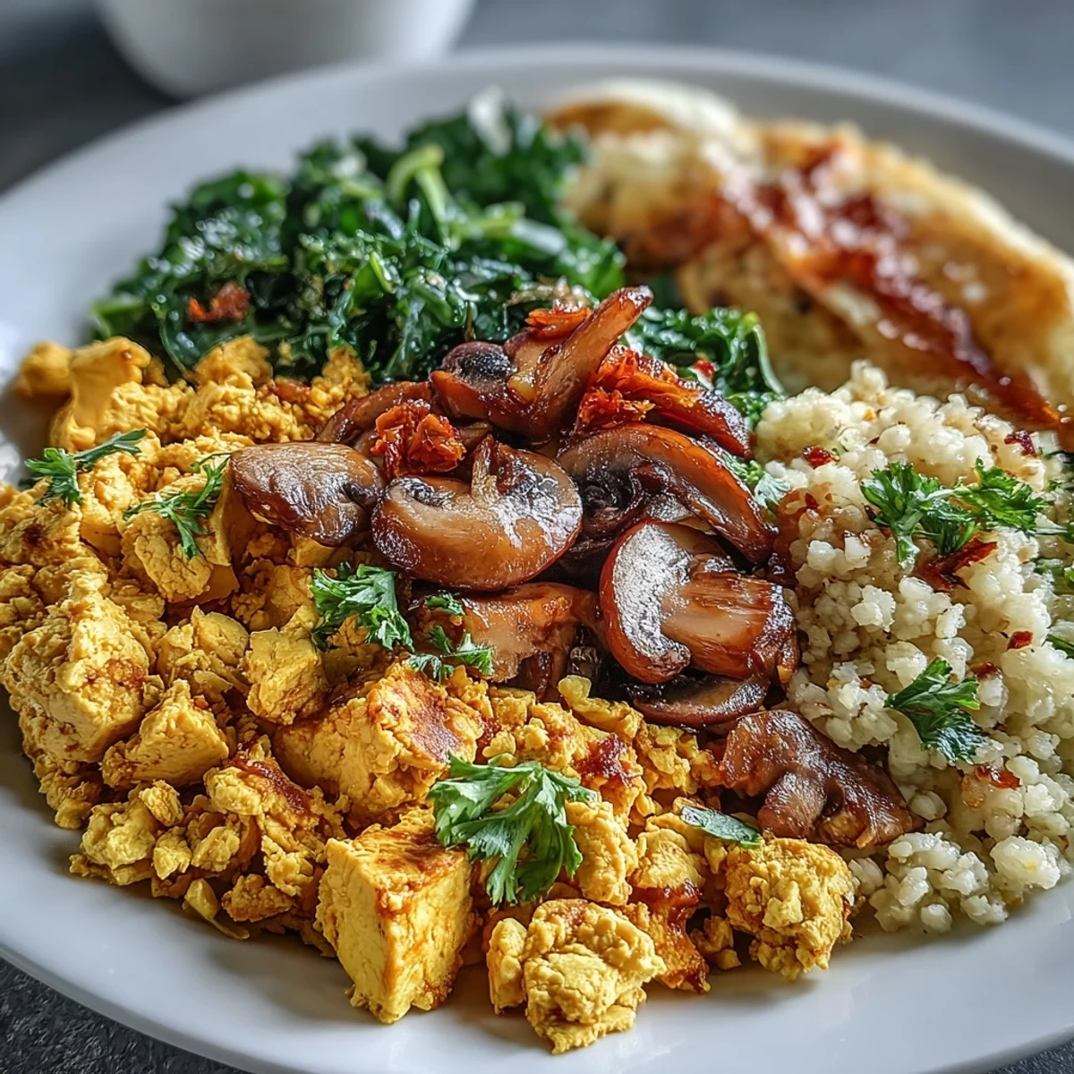 Herzhaftes Rührei-Tofu fürs Frühstück mit Pilzen und Grünkohl.